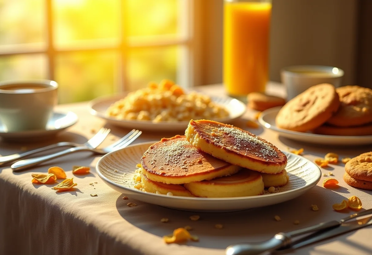 Mesa de café da manhã farta com diversas opções de receitas com aveia, iluminada pela luz do sol da manhã.