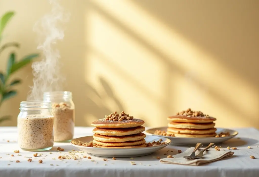 Mesa de café da manhã repleta de pratos de aveia energéticos.