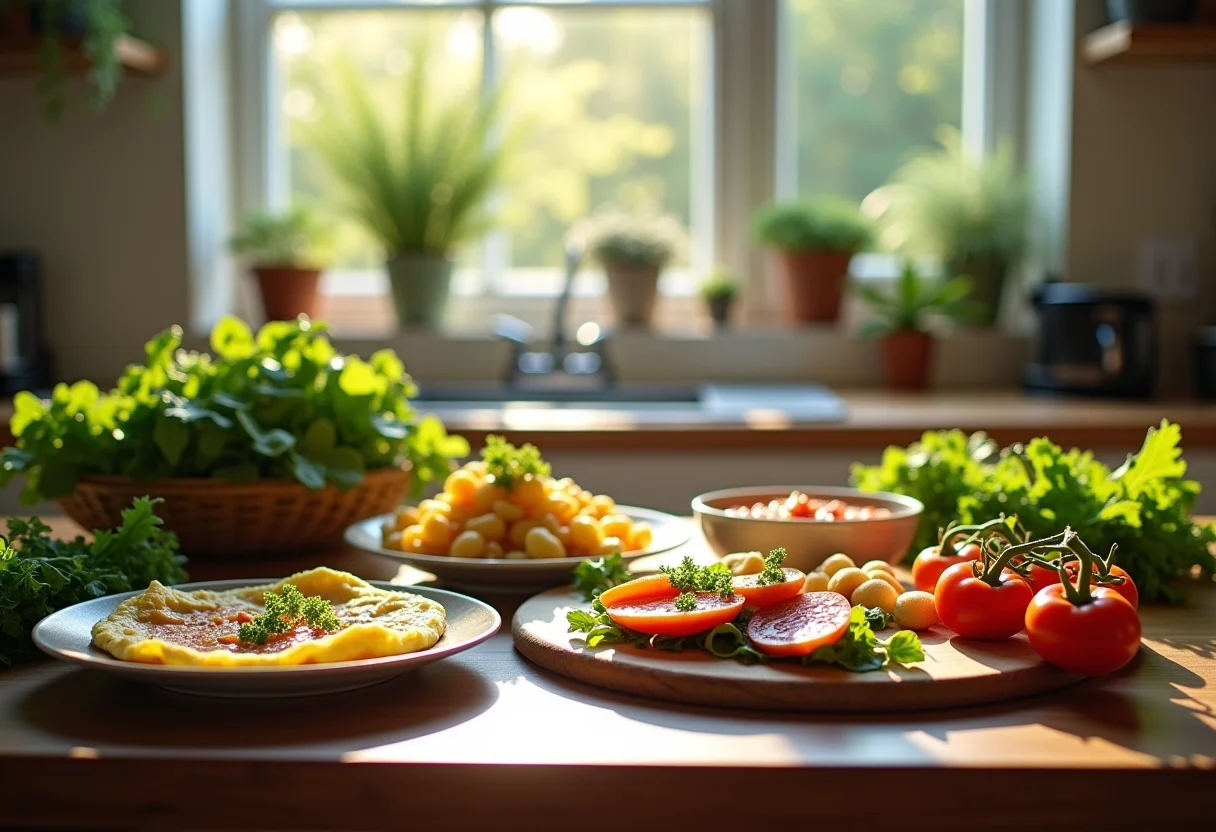 Mesa de cozinha ensolarada exibindo pratos com azedinha