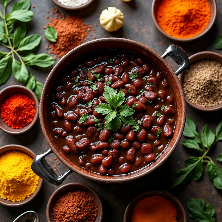 Mesa de jantar brasileira com feijão e temperos coloridos.