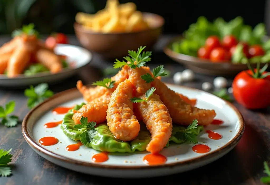 Mesa de jantar com diversos pratos elegantemente decorados com molho tártaro.
