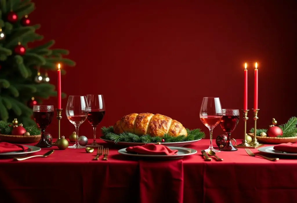 Mesa de Natal ricamente decorada em tons de vermelho e verde