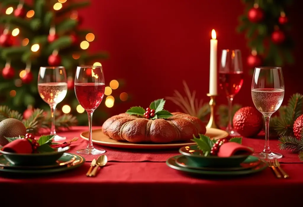 Mesa de Natal tradicional com decoração vermelha e verde exuberante