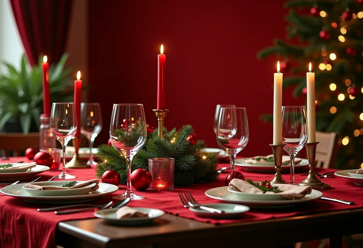 Mesa de Natal tradicional com decoração vermelha e verde.