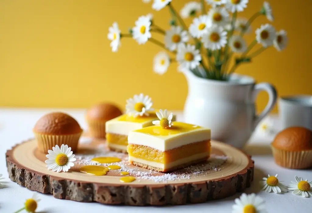 Mesa de sobremesas com infusão de camomila, fotografia de alta qualidade.