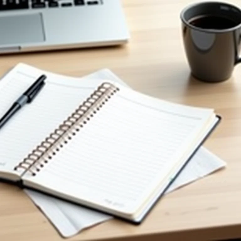 Mesa de trabalho organizada com planner, laptop e café.