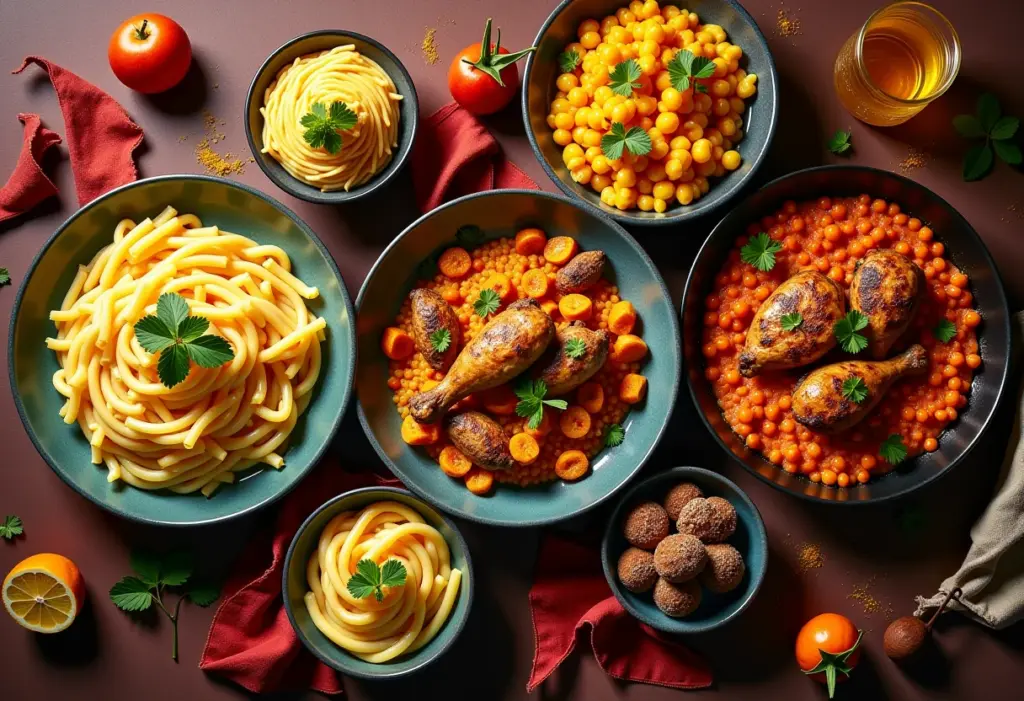 Mesa farta com cinco pratos vibrantes com açafrão: risoto milanês, paella valenciana, frango marroquino com amêndoas, massa ao molho de açafrão e brigadeiro de açafrão.