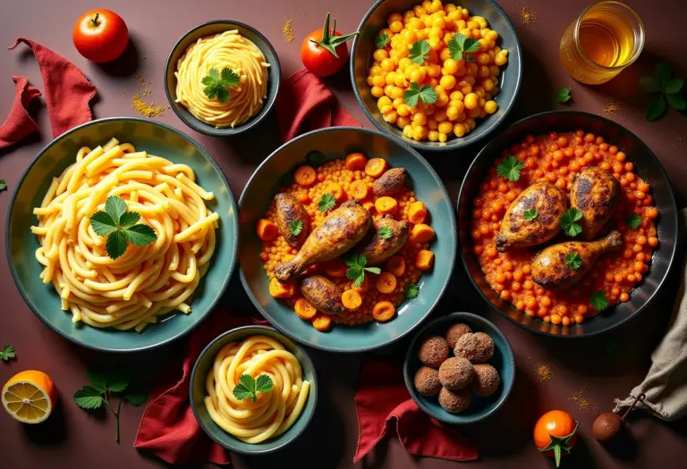 Mesa farta com cinco pratos vibrantes com açafrão: risoto milanês, paella valenciana, frango marroquino com amêndoas, massa ao molho de açafrão e brigadeiro de açafrão.