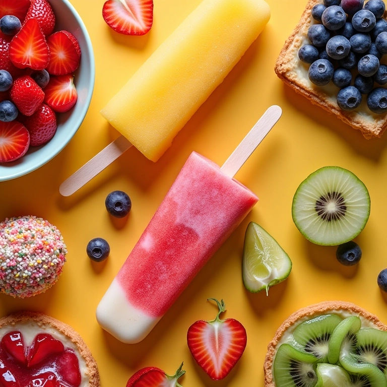 Mesa farta com diversas sobremesas de frutas de verão, incluindo salada de frutas, picolés e tortas.