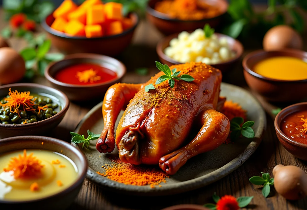 Mesa farta com diversos pratos coloridos e apetitosos, todos preparados com açafrão.