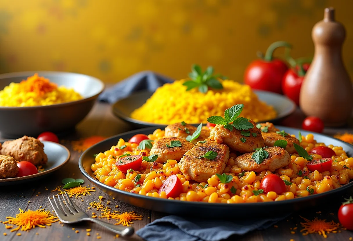 Mesa farta com diversos pratos coloridos realçados pelo açafrão, criando uma experiência visual apetitosa.