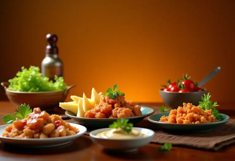 Mesa farta com diversos pratos e molho tártaro em destaque