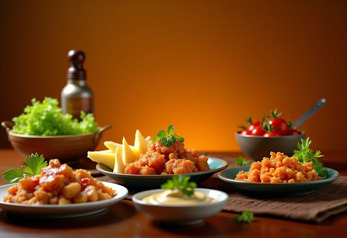 Mesa farta com diversos pratos e molho tártaro em destaque