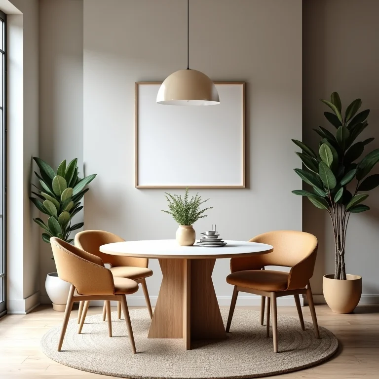 Mesa redonda otimizando o espaço em uma sala de jantar pequena.