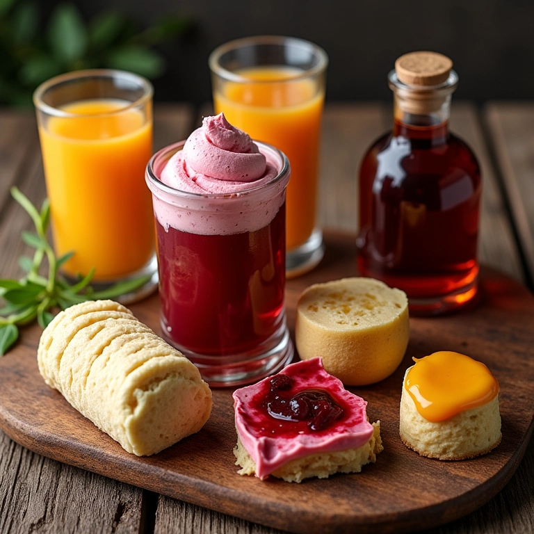 Mesa rústica com diversas sobremesas de mangaba, incluindo sorvete, geleia, suco, licor e bolo.