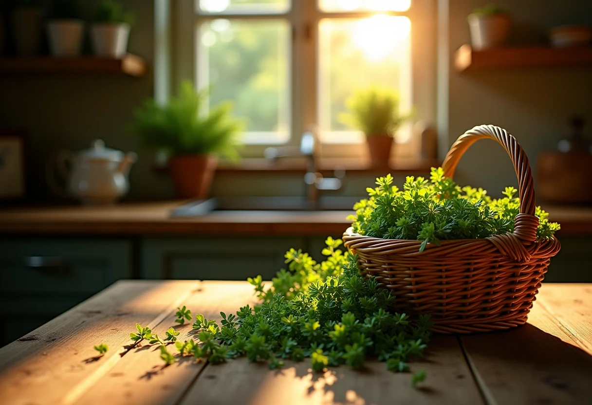Mesa rústica com ervas de Provence frescas em cesta de vime