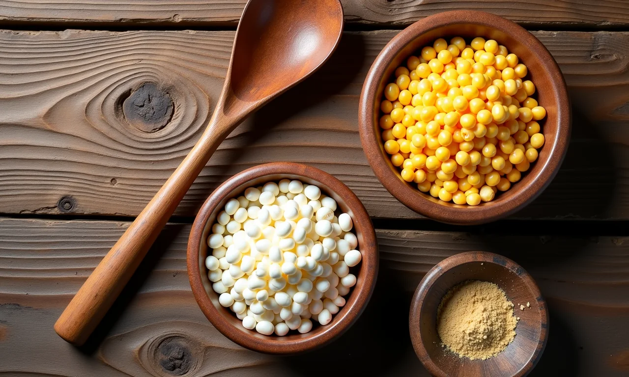 Milho branco e amarelo em tigelas rústicas, ingredientes para canjica cremosa.