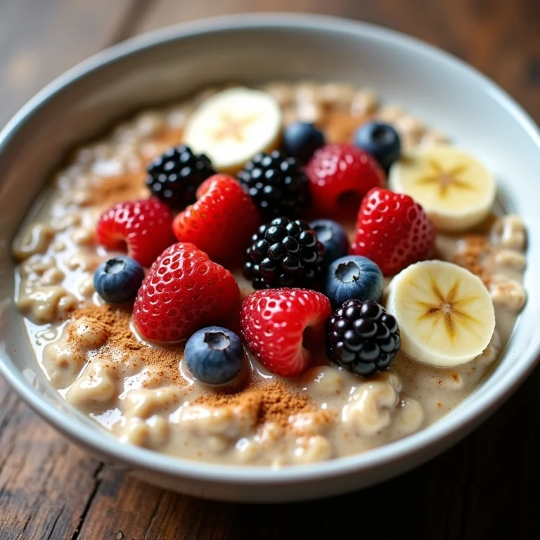 Mingau de aveia com canela e frutas frescas.