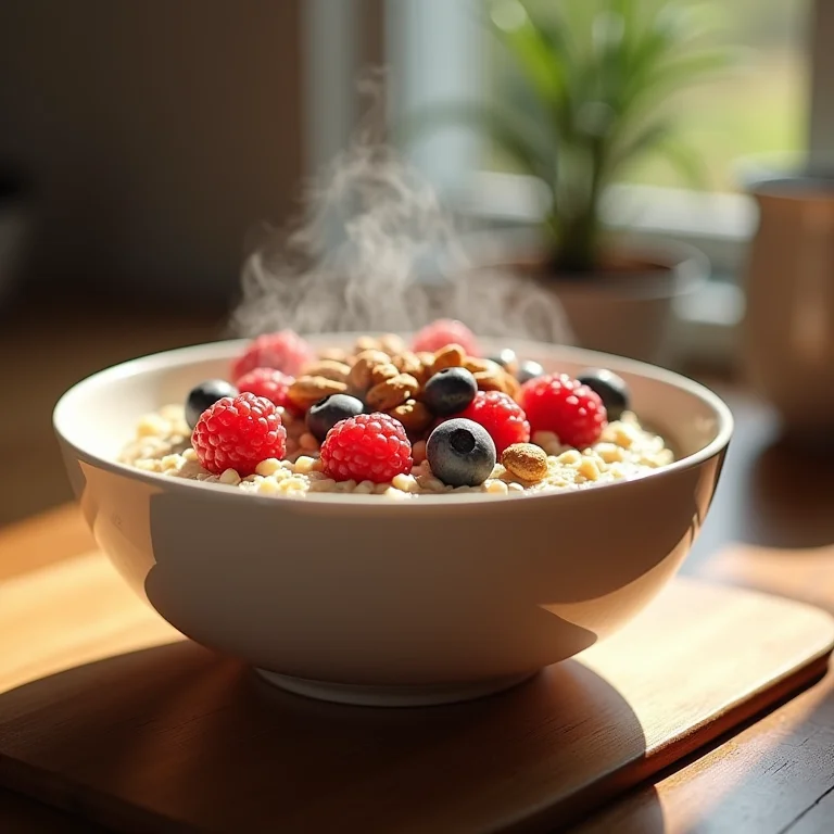 Mingau de aveia com frutas e nozes.