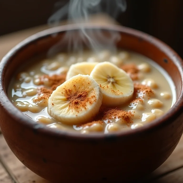 Mingau de aveia cremoso com banana e canela.