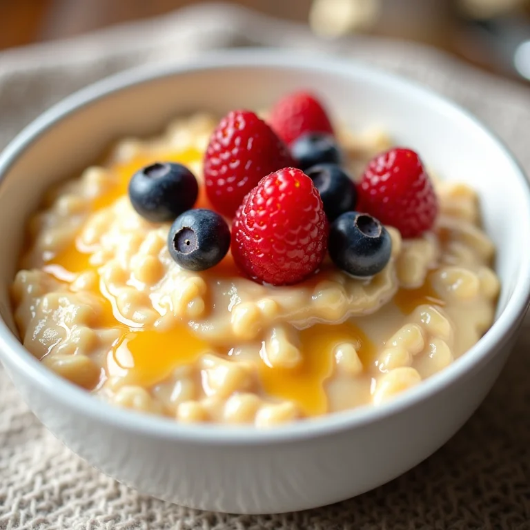 Mingau de aveia cremoso com frutas vermelhas e mel.
