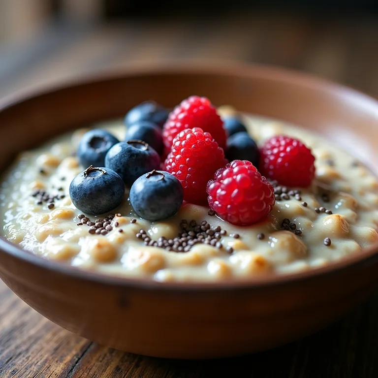 Mingau de aveia cremoso com frutas vermelhas frescas e sementes de chia.