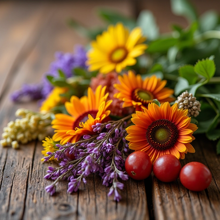 Mistura de ervas secas associadas à saúde feminina, dispostas artisticamente.
