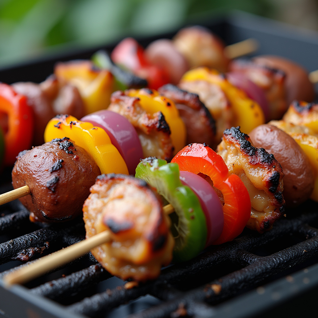 Mixed meat and vegetable skewers on a grill, beef, chicken, sausage, bell peppers, onions, vibrant Espetinho misto de carne e legumes na churrasqueira.
