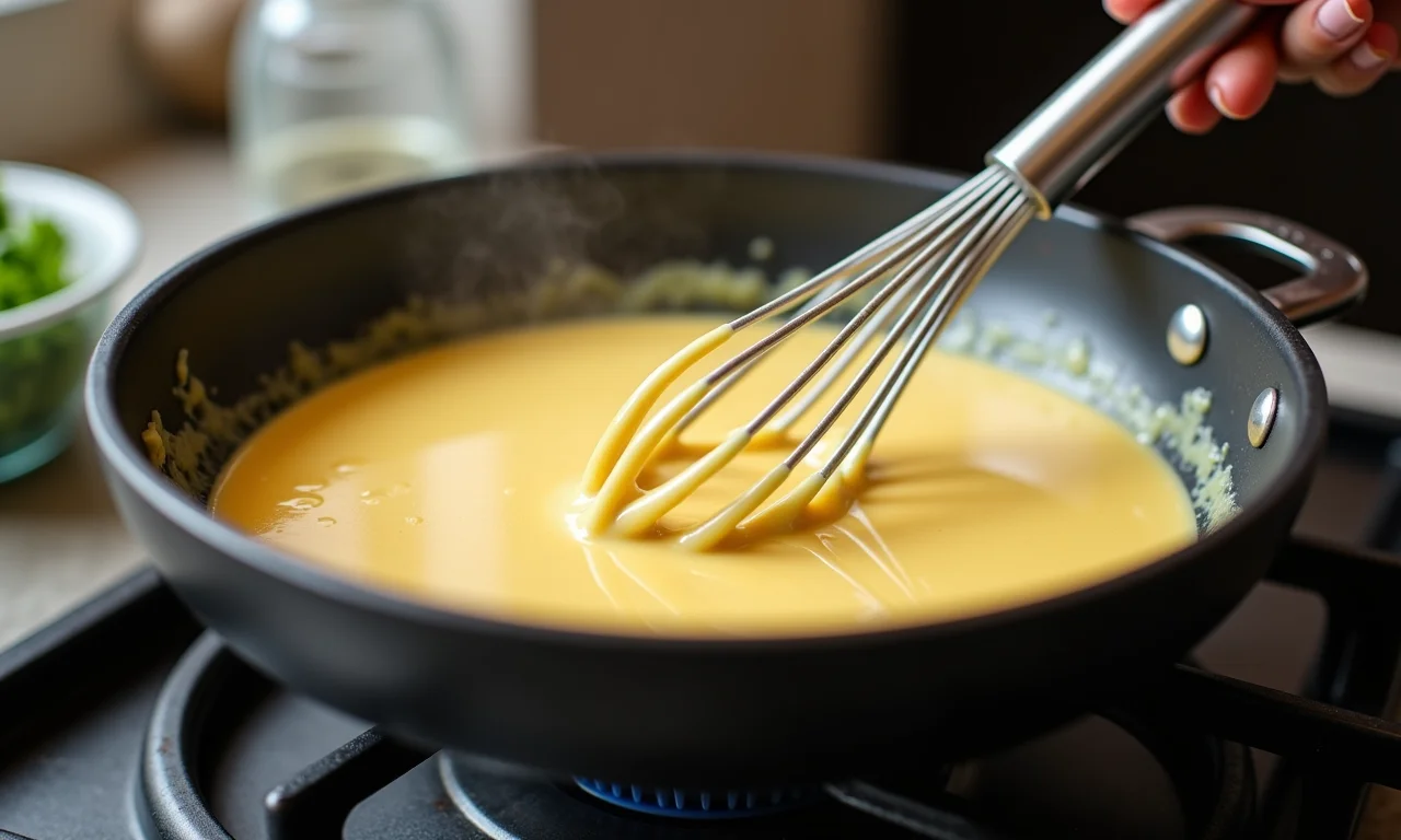 Molho bechamel cozinhando em fogo baixo, com bolhas se formando e um fouet na mão.