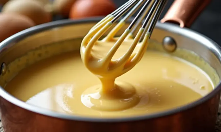 Molho bechamel cremoso sendo batido em panela de cobre, cozinha brasileira vibrante.