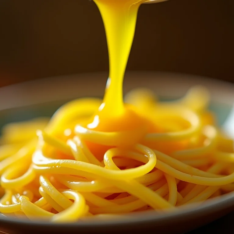 Molho de Açafrão sendo derramado sobre massa fresca, destacando as cores vibrantes.