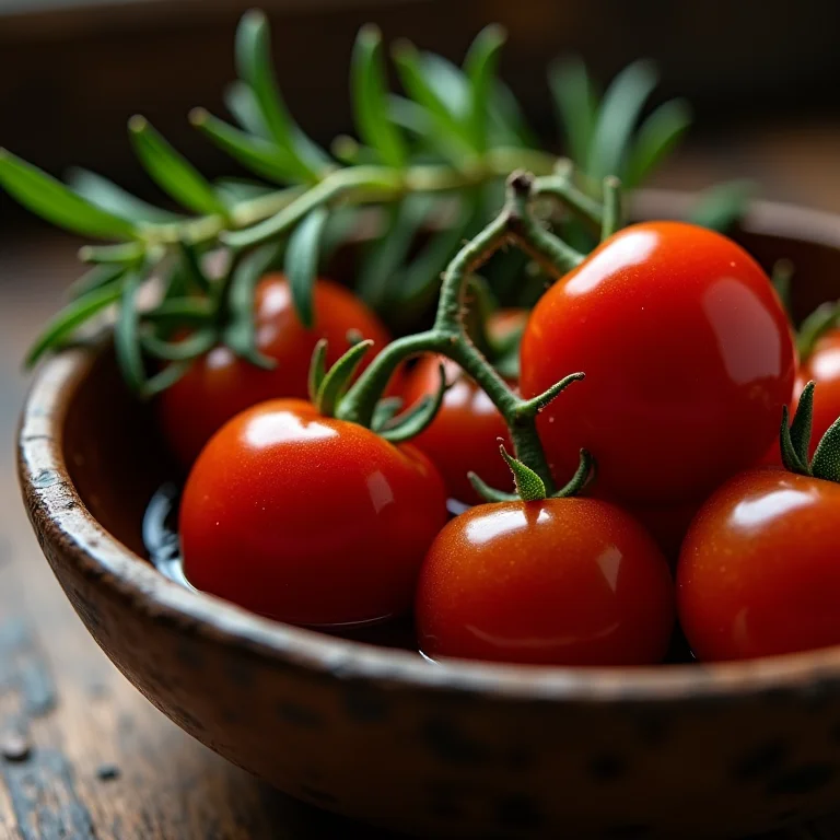Molho de manjerona e tomate cereja confitado em tigela rústica
