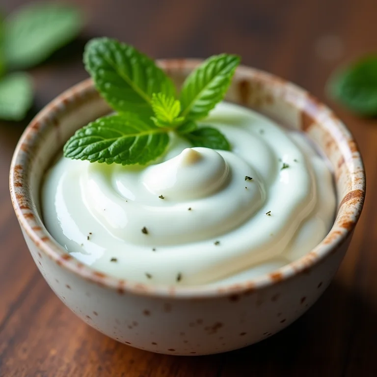 Molho de menta com iogurte cremoso em detalhe