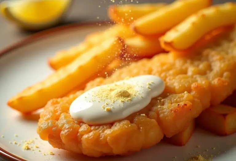 Molho tártaro em pó polvilhado sobre peixe frito crocante.