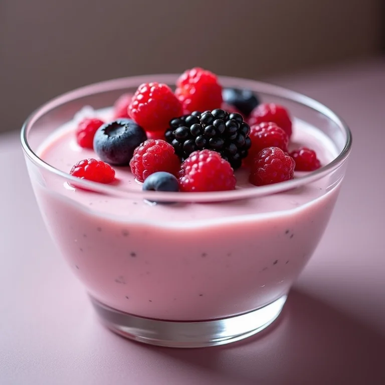Mousse de camomila com frutas vermelhas em uma tigela de vidro.