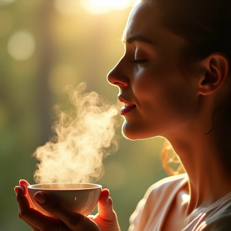 Mulher aliviada bebendo chá de poejo para problemas respiratórios