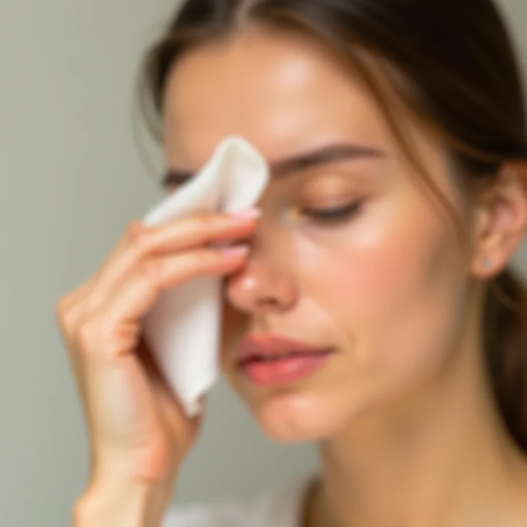 Mulher aliviando a irritação ocular com um pano macio.