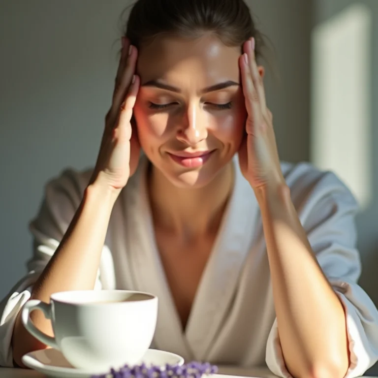 Mulher aliviando dor de cabeça com chá de lavanda