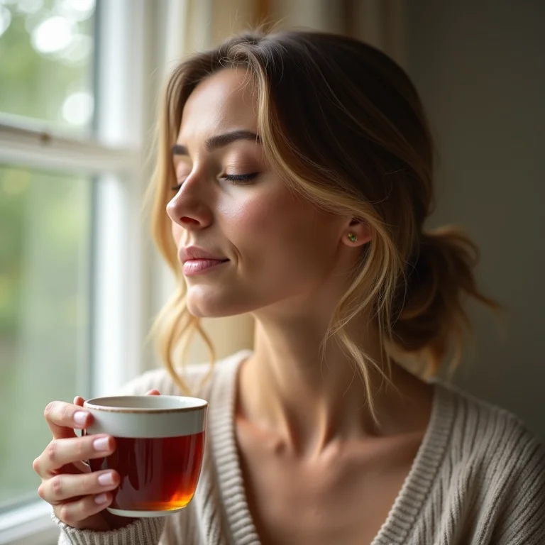 Mulher aliviando sintomas da menopausa com chá de alcaçuz