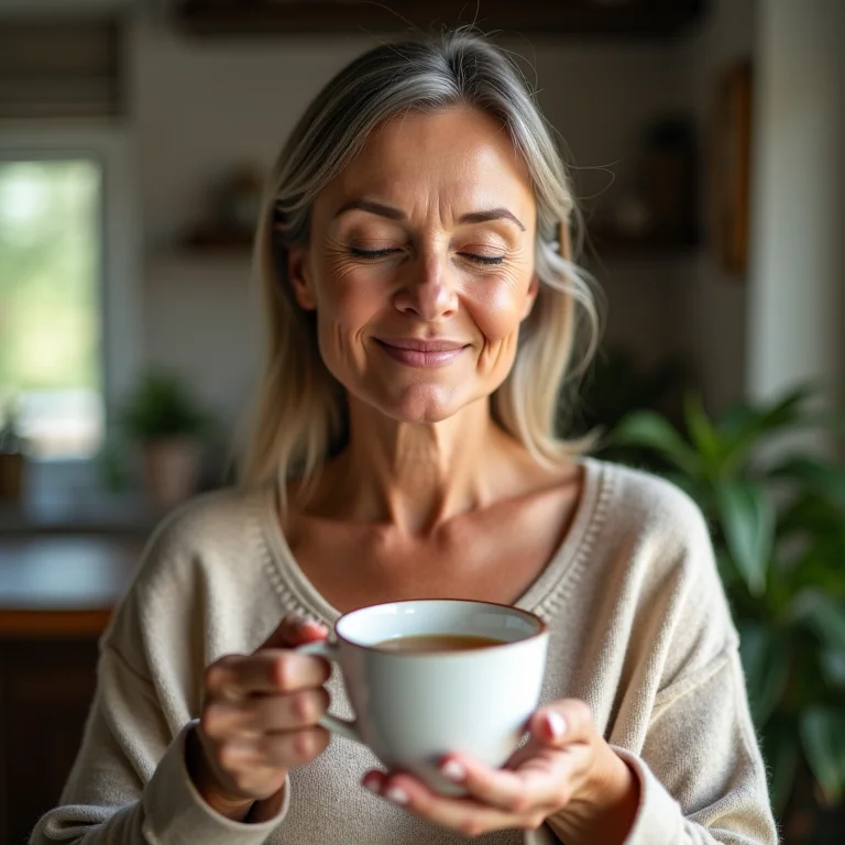 Mulher aliviando sintomas da menopausa com chá natural
