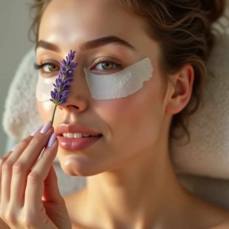 Mulher aplicando compressa de lavanda nos olhos