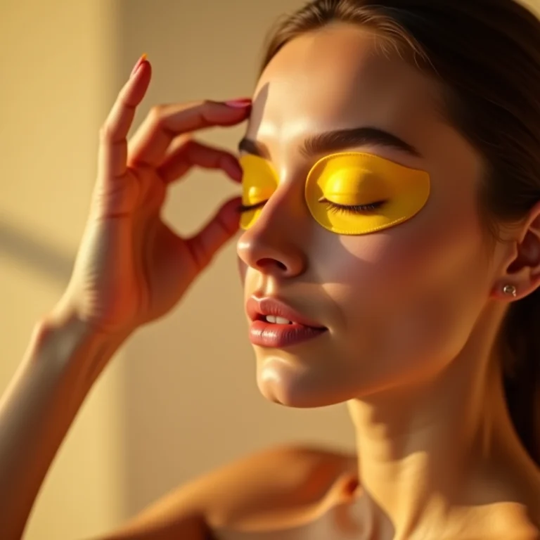 Mulher aplicando compressa morna de calêndula nos olhos.