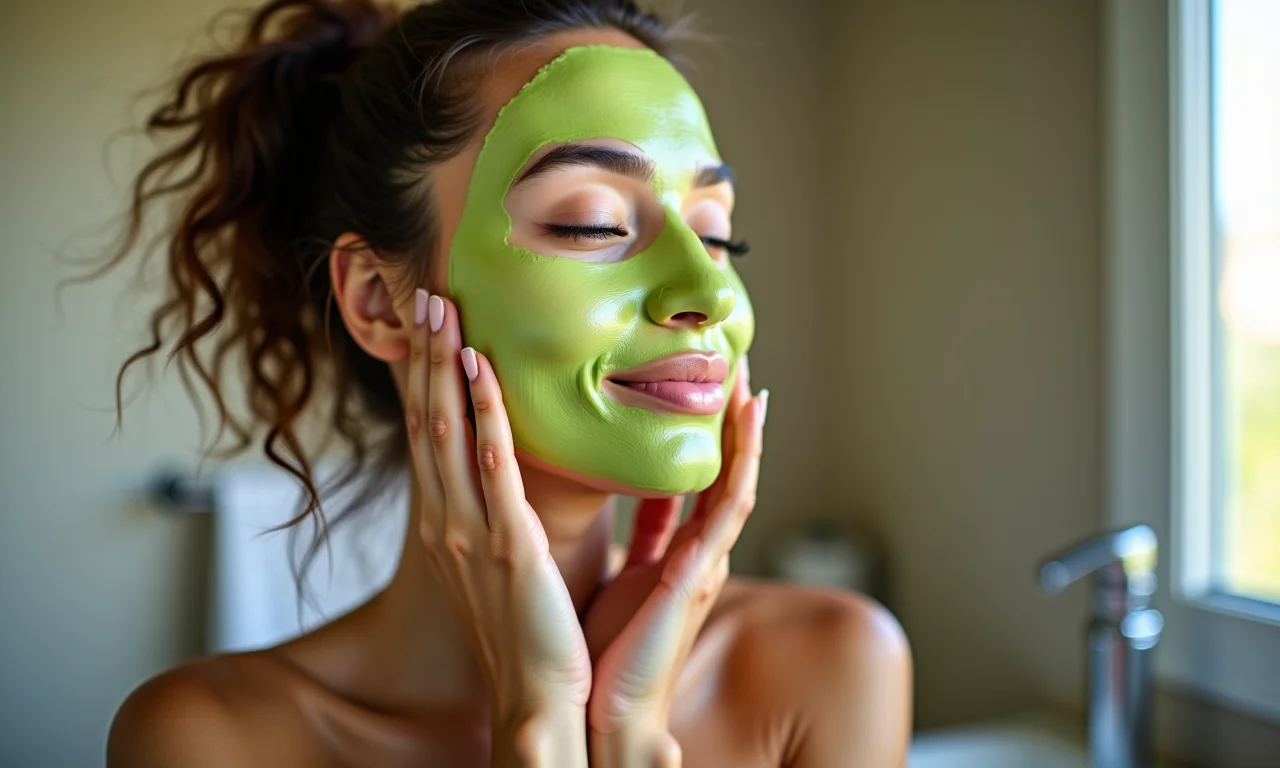 Mulher aplicando máscara facial de abacate.