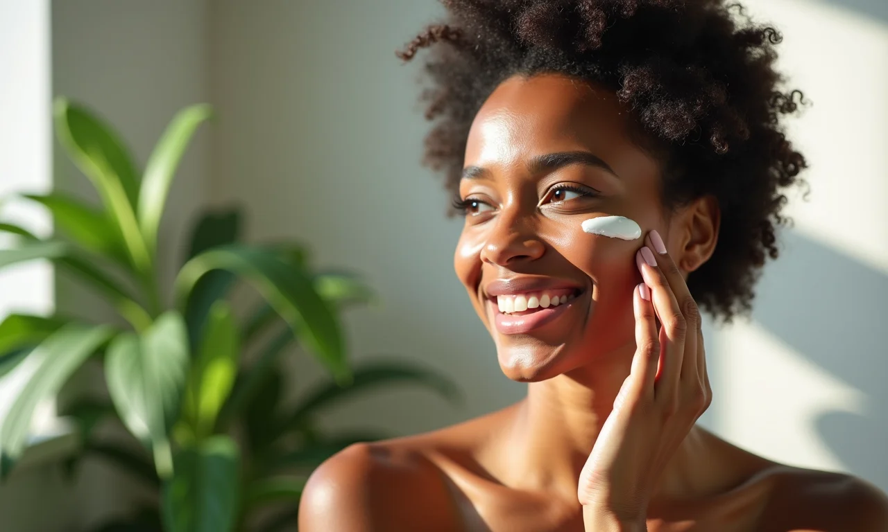Mulher aplicando sérum de vitamina C no rosto, com foco na pele radiante.
