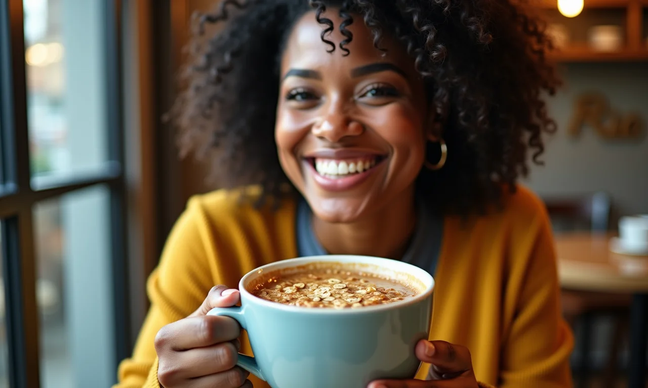 Mulher apreciando um bolinho de aveia com café em um café da manhã aconchegante.