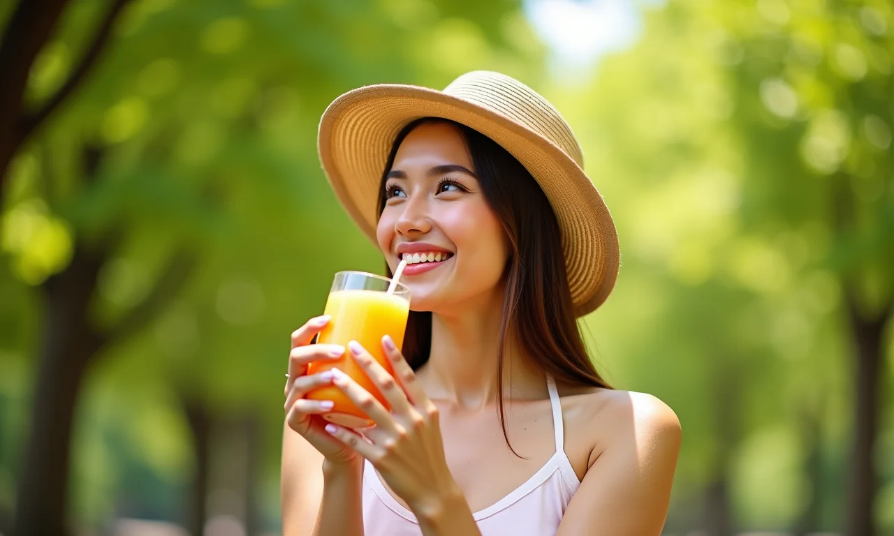 Mulher aproveitando um smoothie de frutas ao ar livre, protegendo a pele do sol.