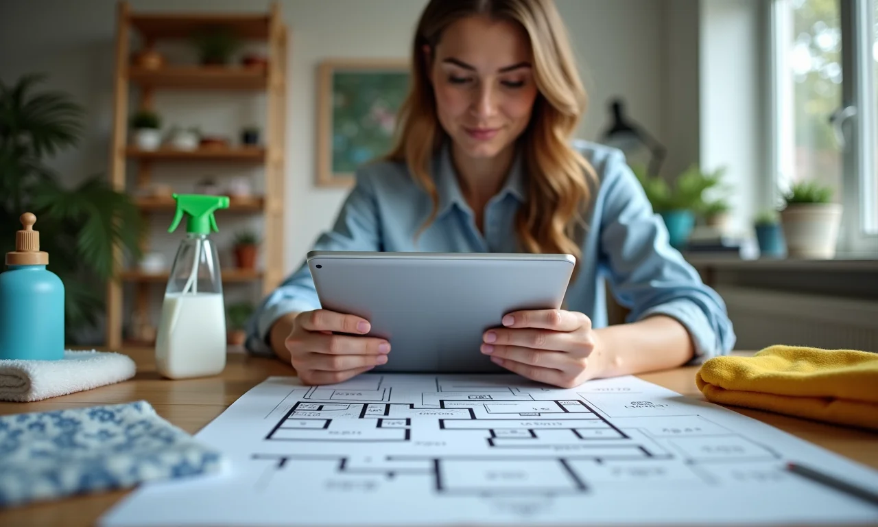 Mulher avaliando espaço para criar plano de limpeza.