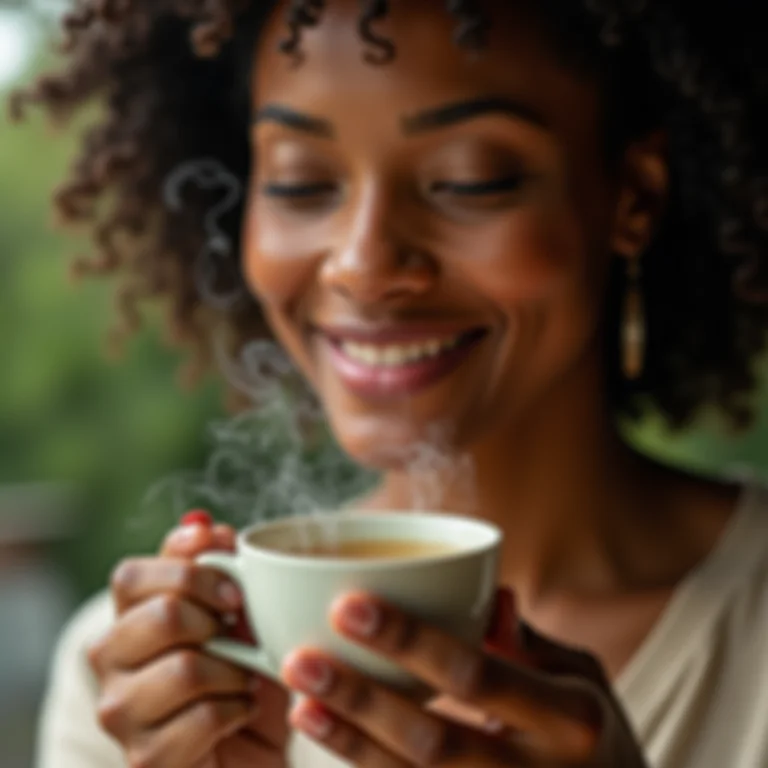 Mulher bebendo chá de dente de leão com expressão serena