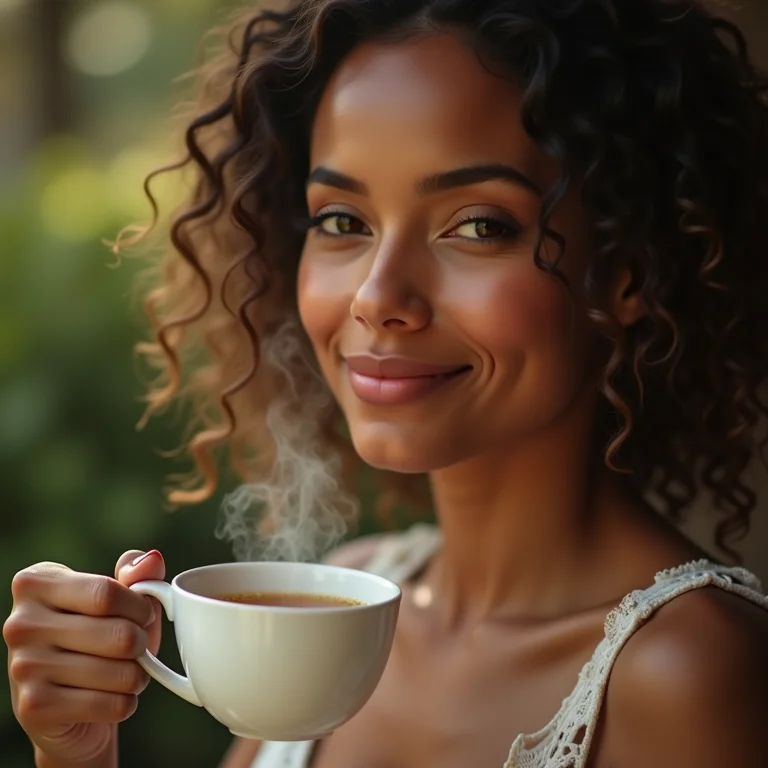 Mulher bebendo chá de endro para soluços