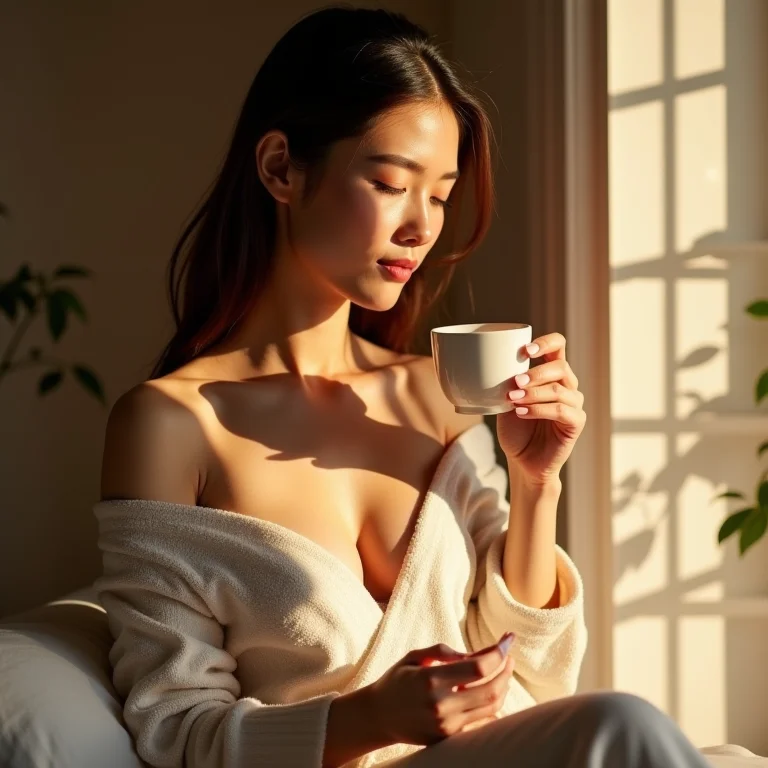 Mulher bebendo chá de jasmim.